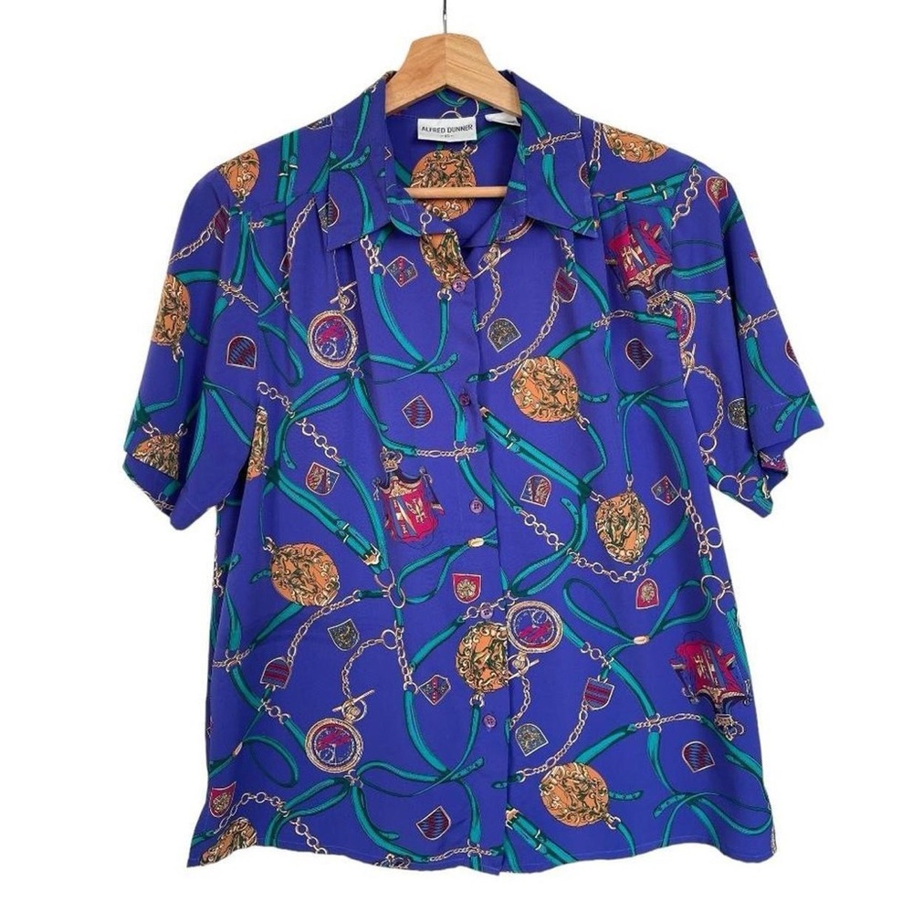 Vintage Alfred Dunner All Over Equestrian Print Short Sleeve Button Down Blouse